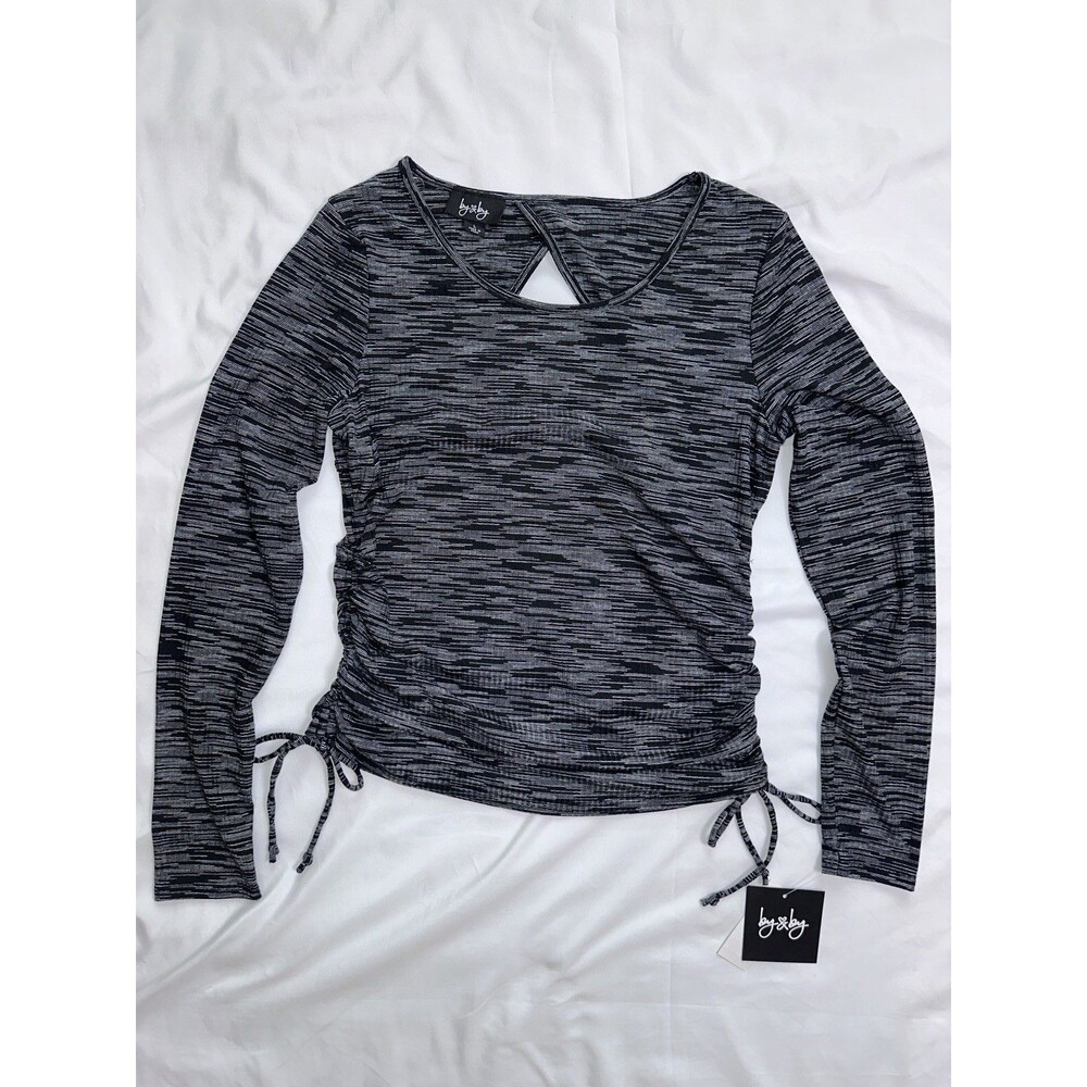 By & By Long Sleeve Ruched Side Tie Top Women’s L Black Space Dye Stretch